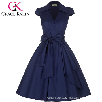 Grace Karin Manteau à manches longues en col en V à rayures rétro Vintage High-Stretchy Party Navy Blue Dress CL008953-5